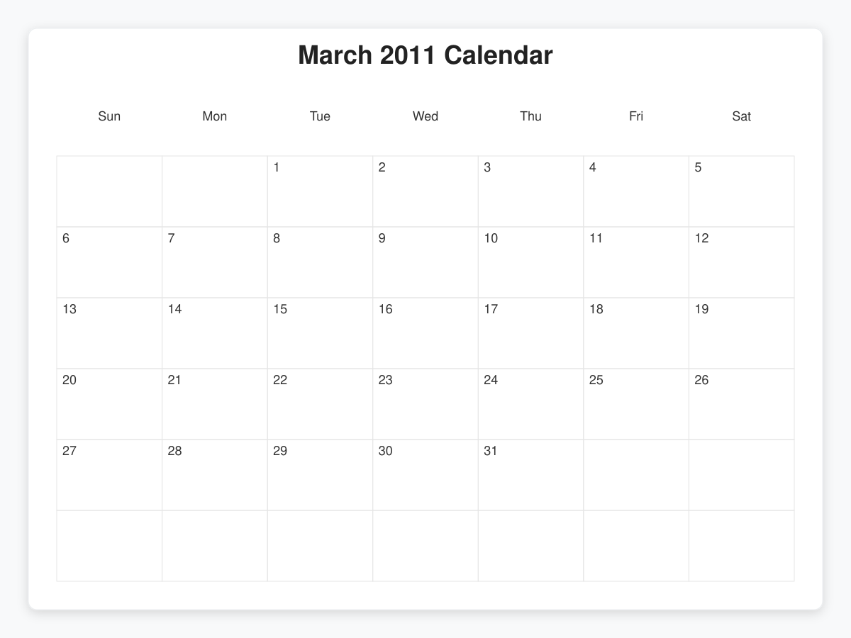 Printable March 2011 Calendars
