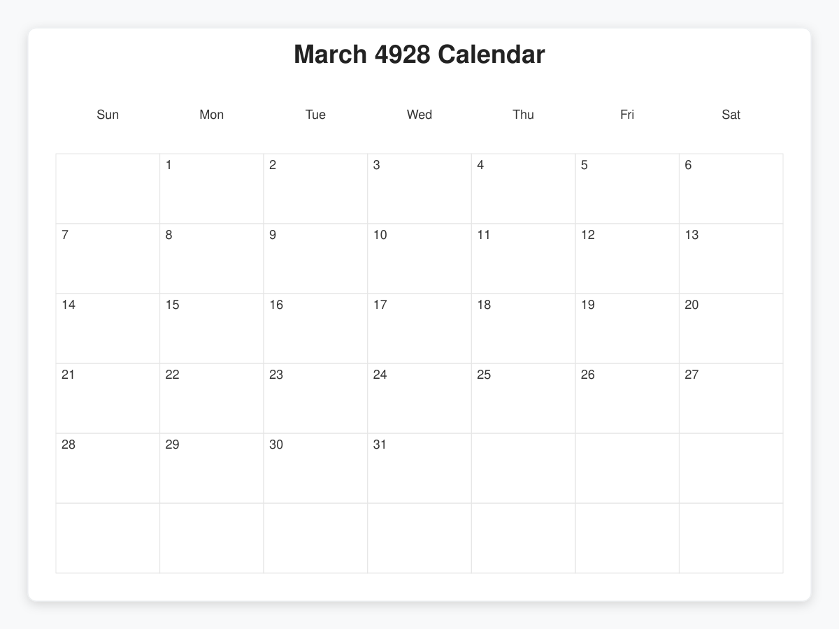 Printable March 4928 Calendars