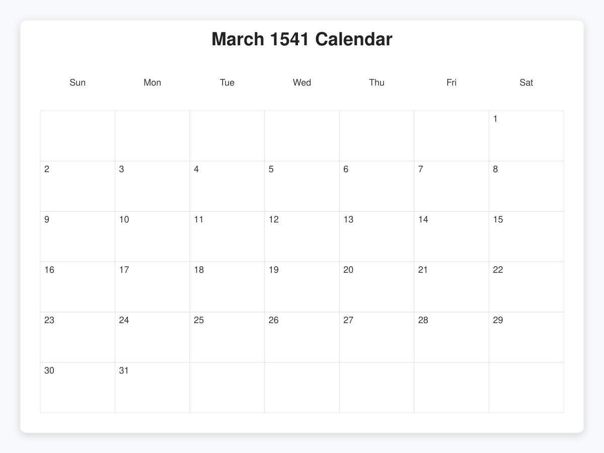 Printable March 1541 Calendars
