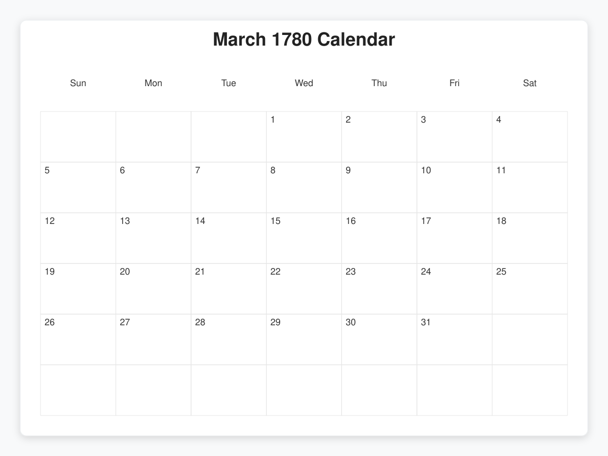 Printable March 1780 Calendars