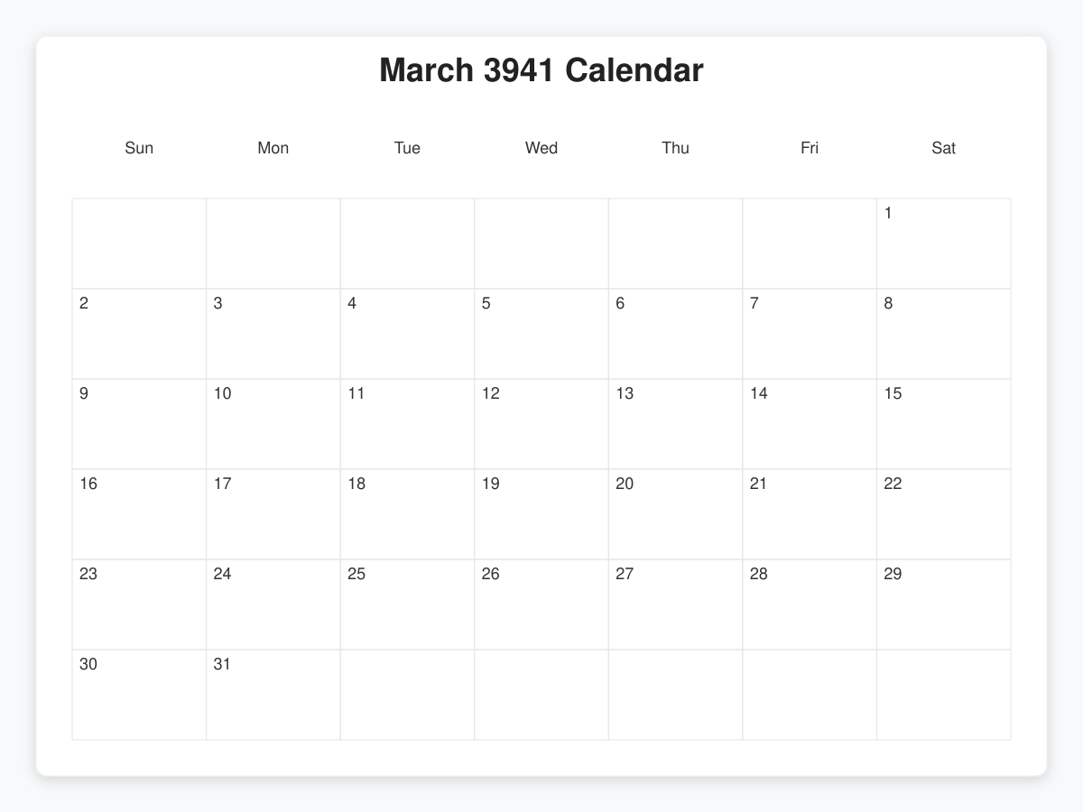 Printable March 3941 Calendars