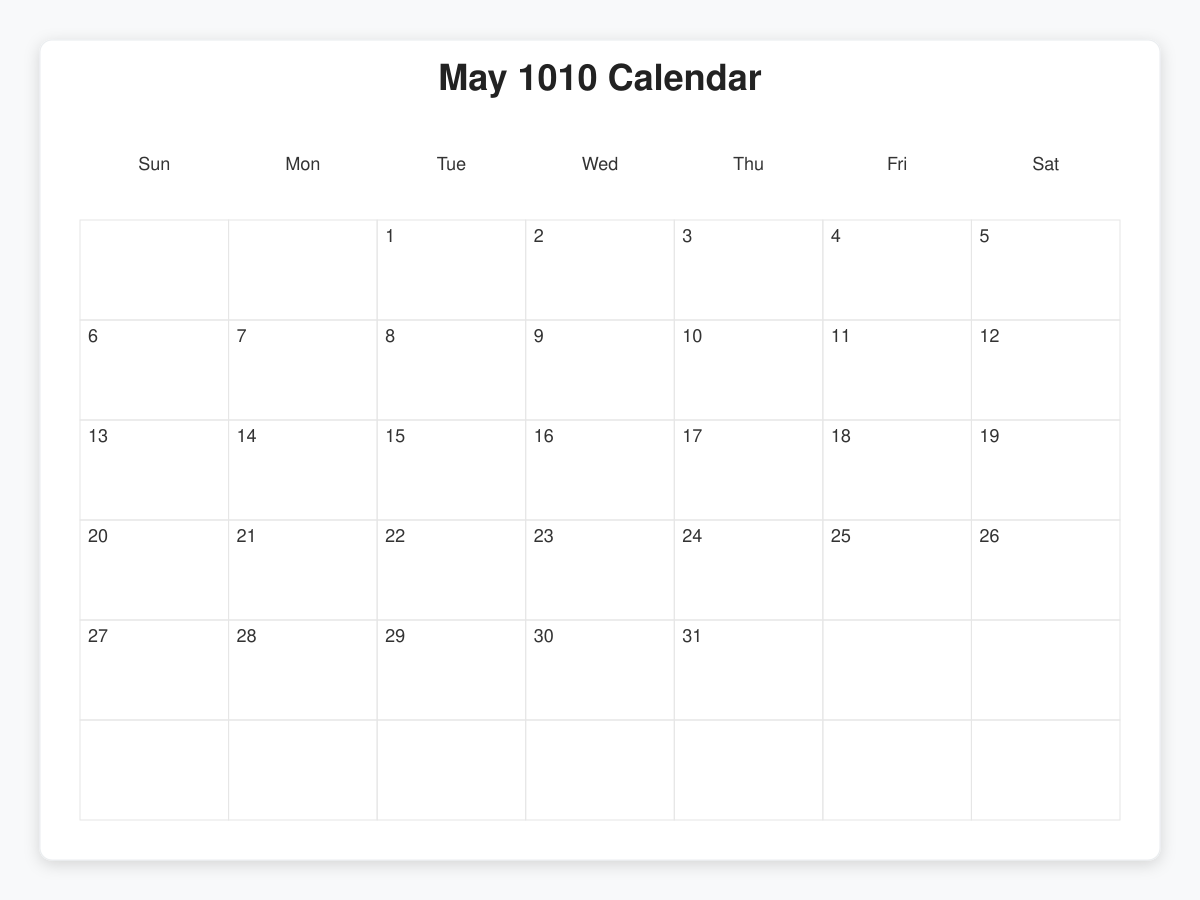 Printable May 1010 Calendars