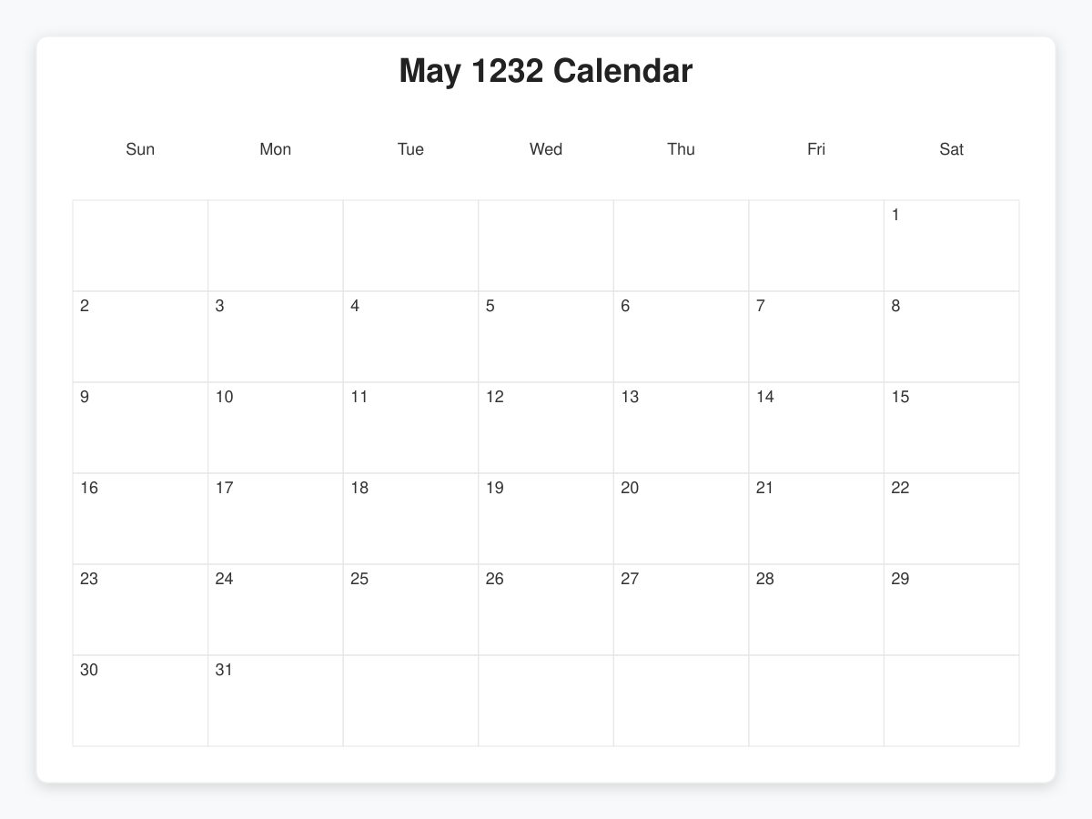 Printable May 1232 Calendars