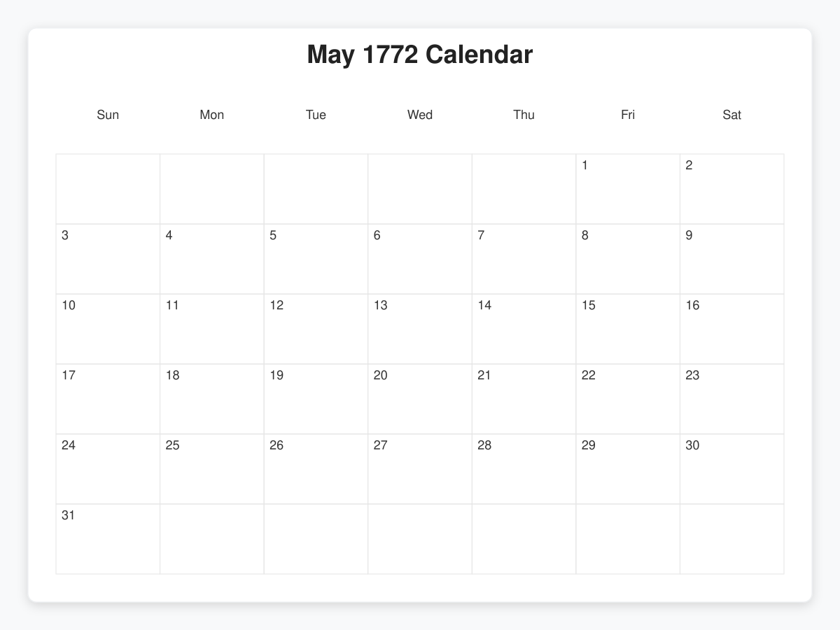 Printable May 1772 Calendars