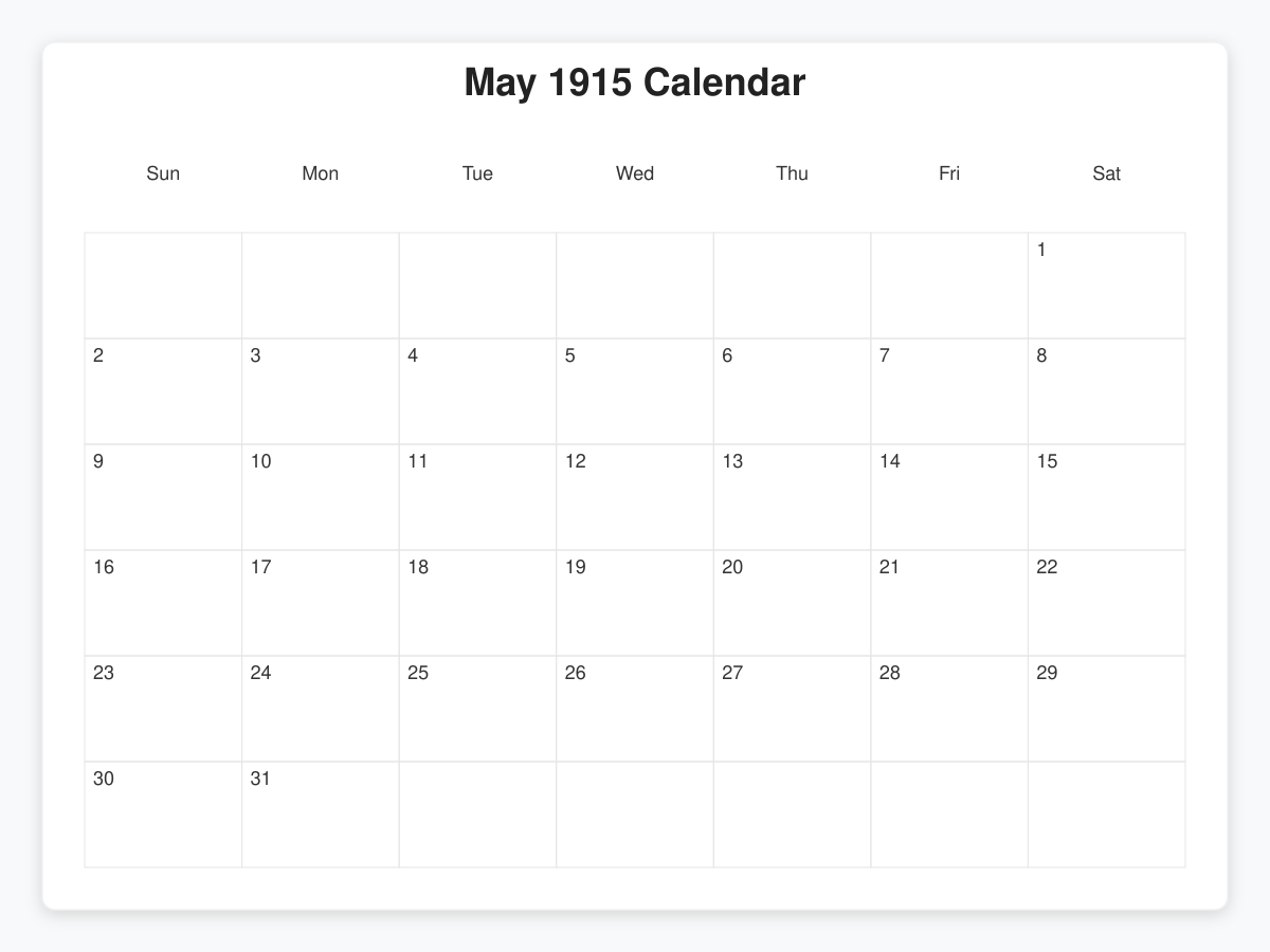 Printable May 1915 Calendars