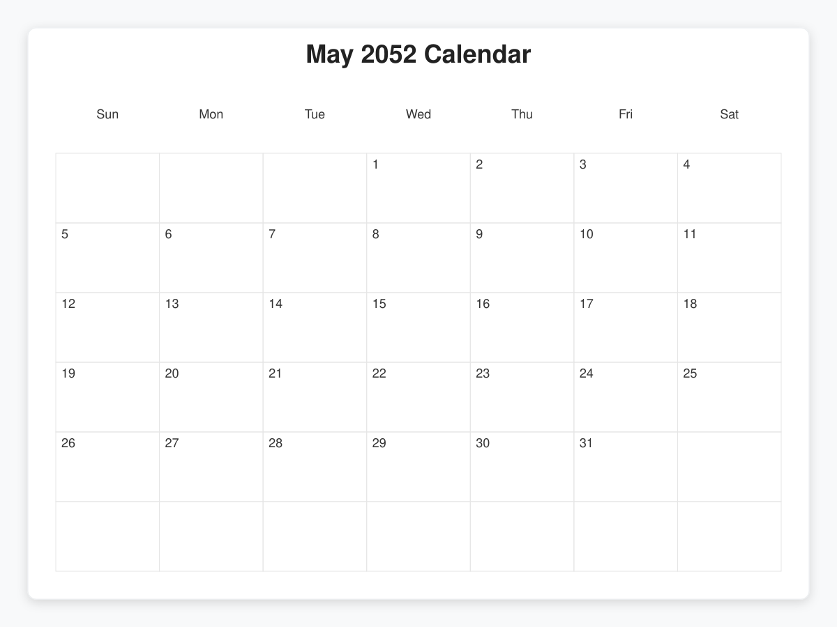 Printable May 2052 Calendars