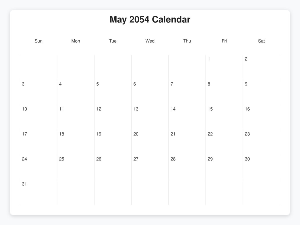 Printable May 2054 Calendars