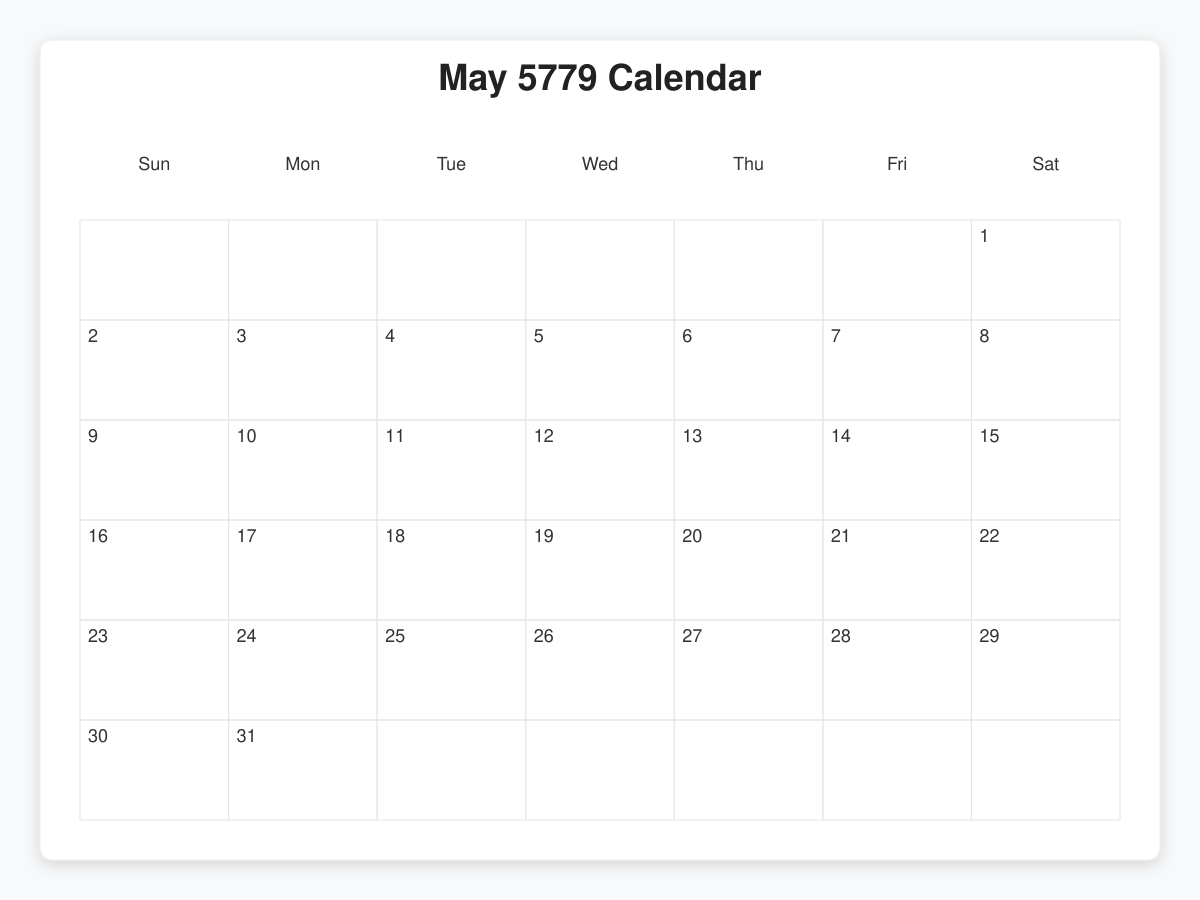 Printable May 5779 Calendars