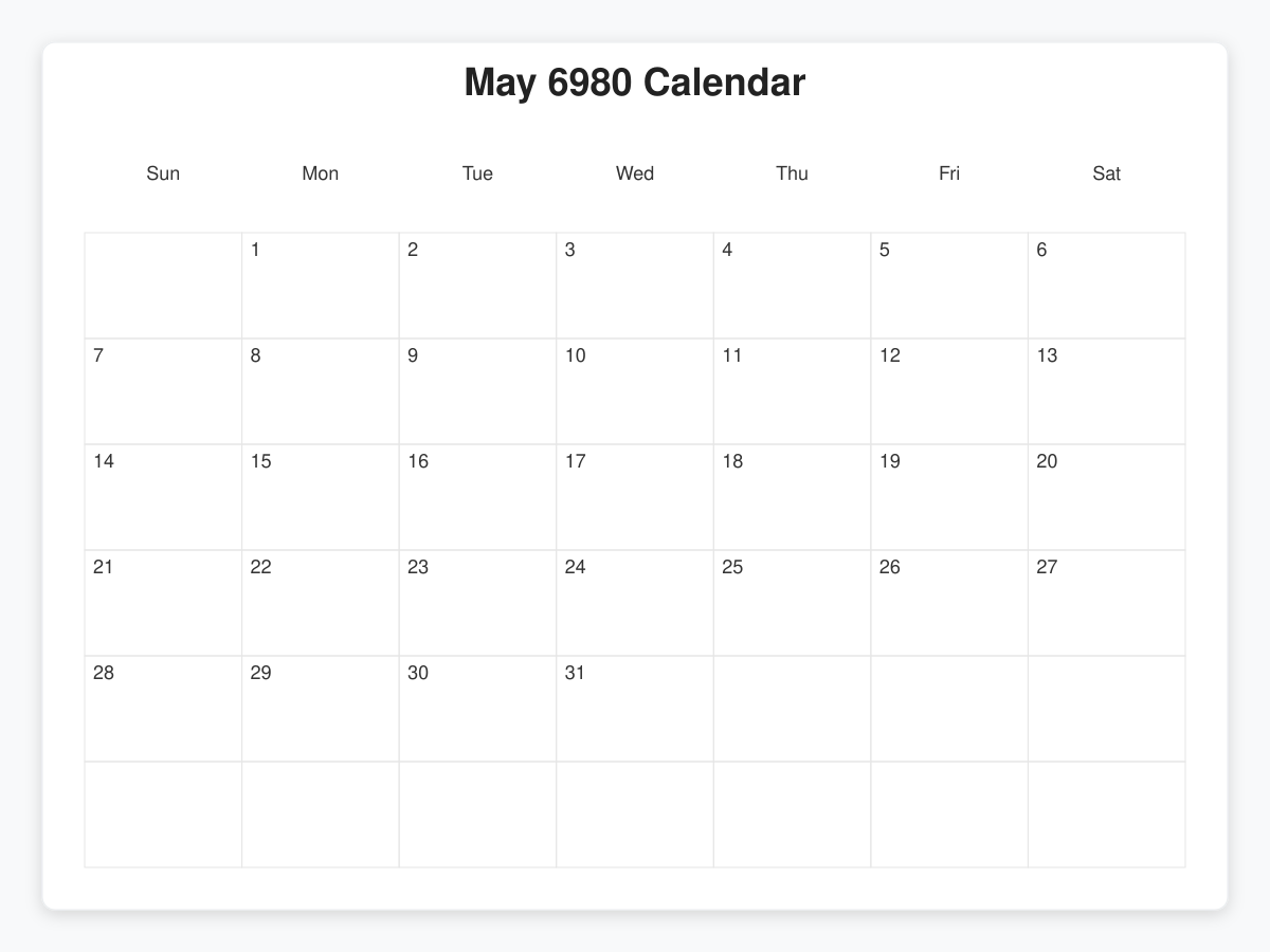 Printable May 6980 Calendars