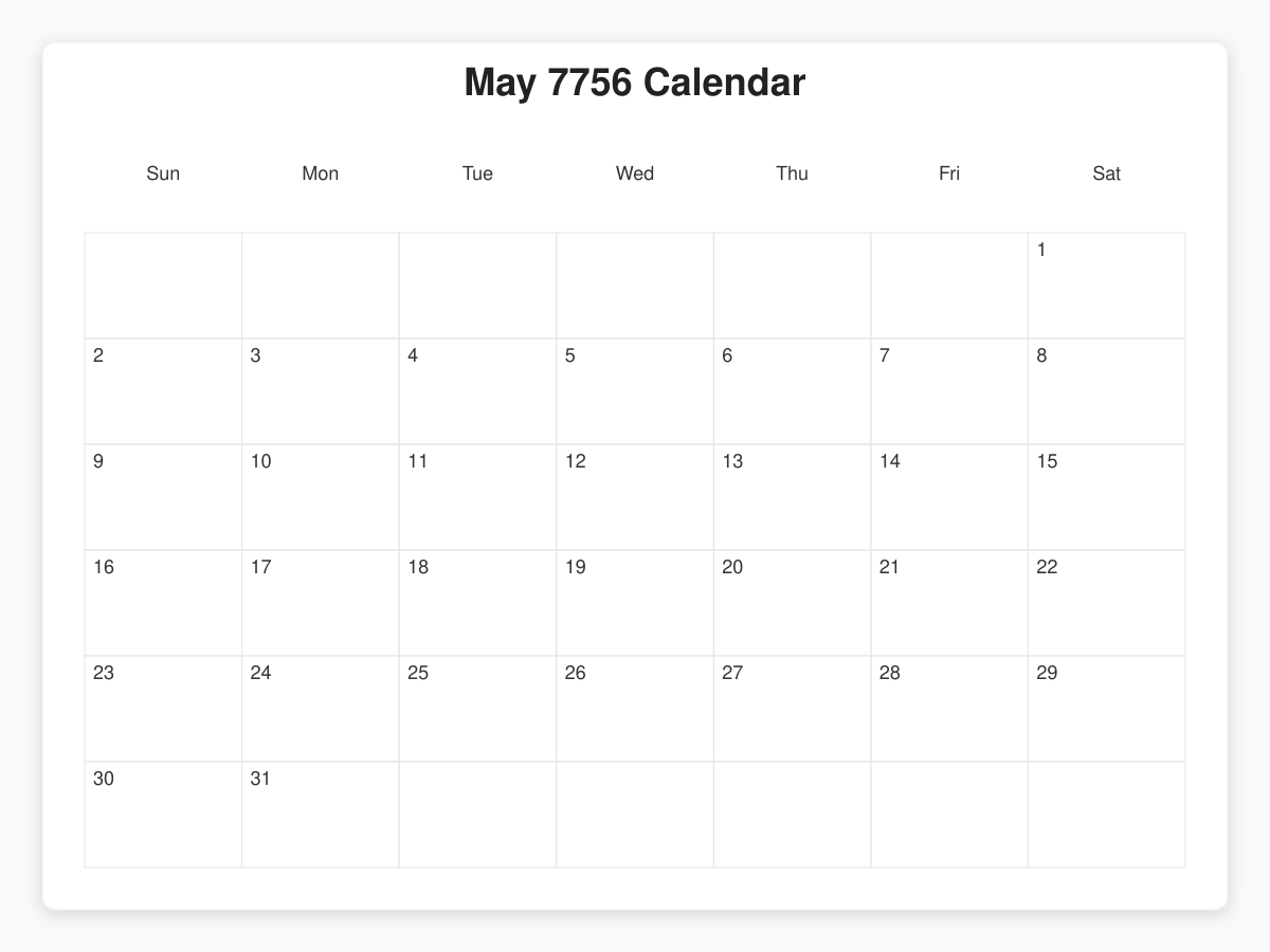 Printable May 7756 Calendars