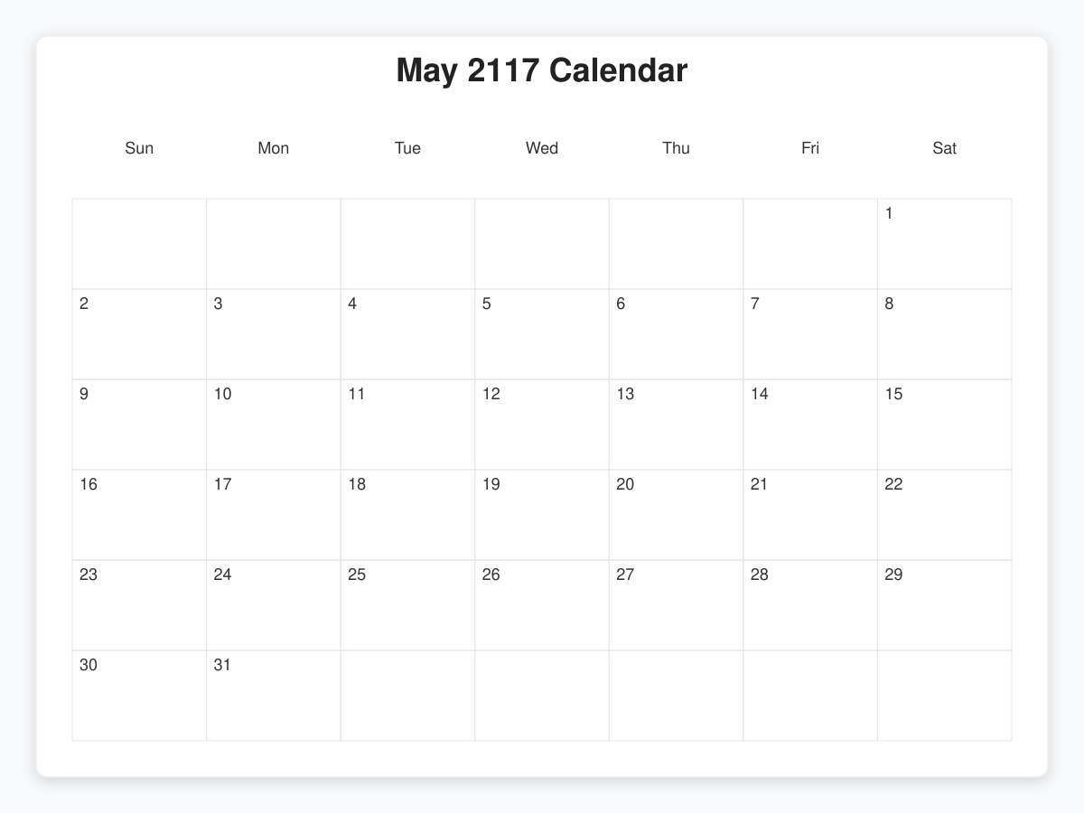 Printable May 2117 Calendars