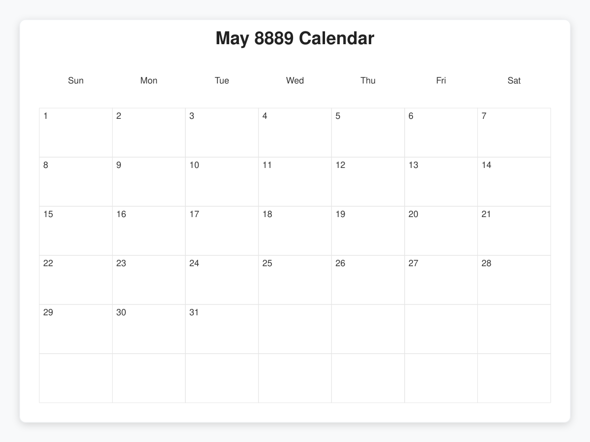 Printable May 8889 Calendars