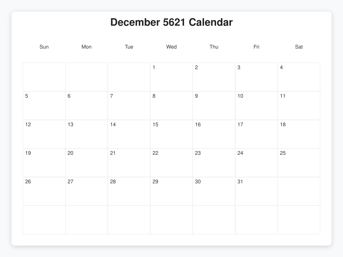 Printable December 5621 Calendars