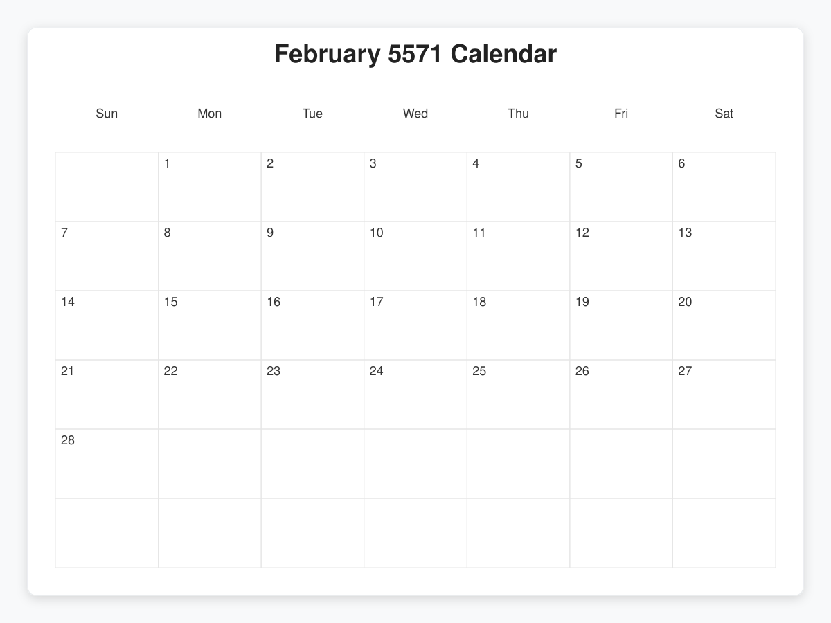 Printable February 5571 Calendars