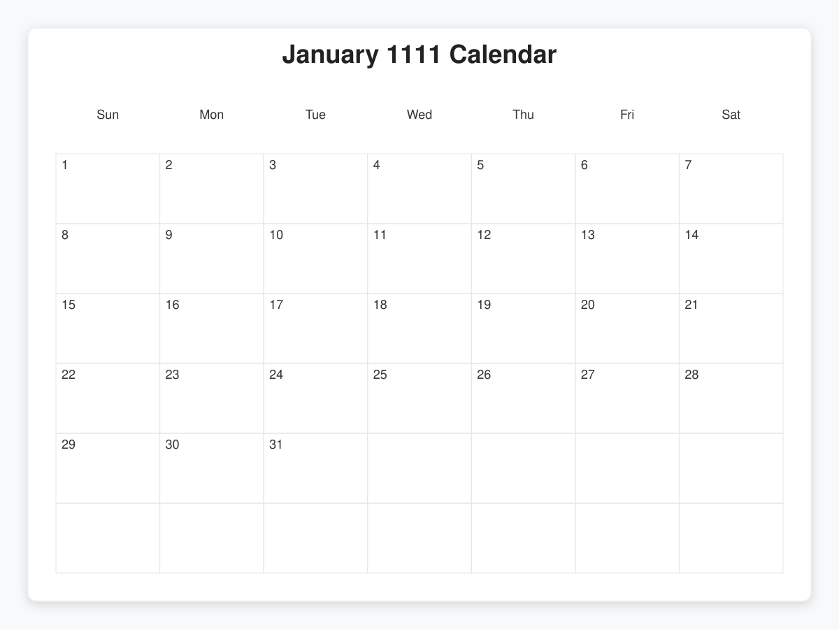 Printable January 1111 Calendars