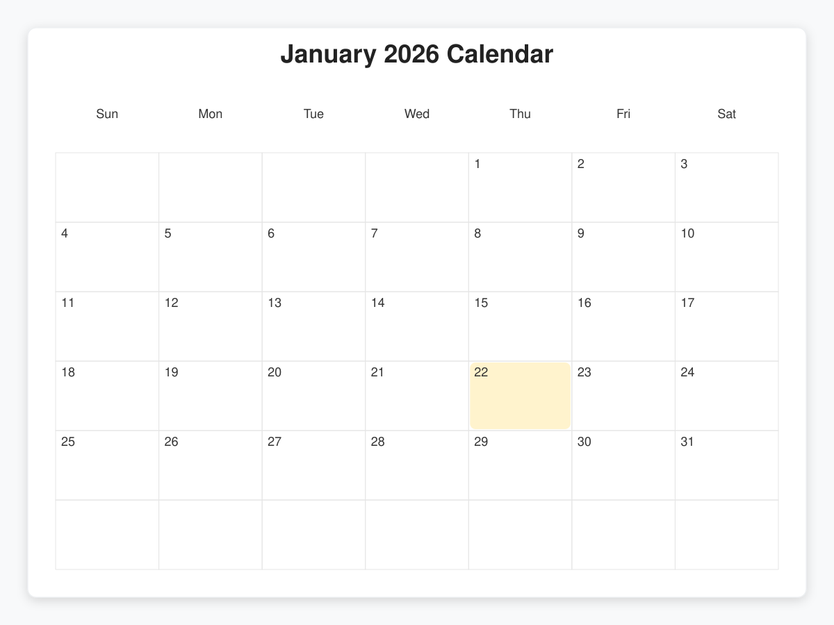Printable January  Calendars