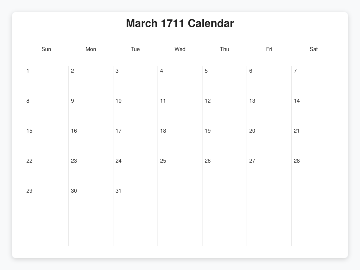 Printable March 1711 Calendars