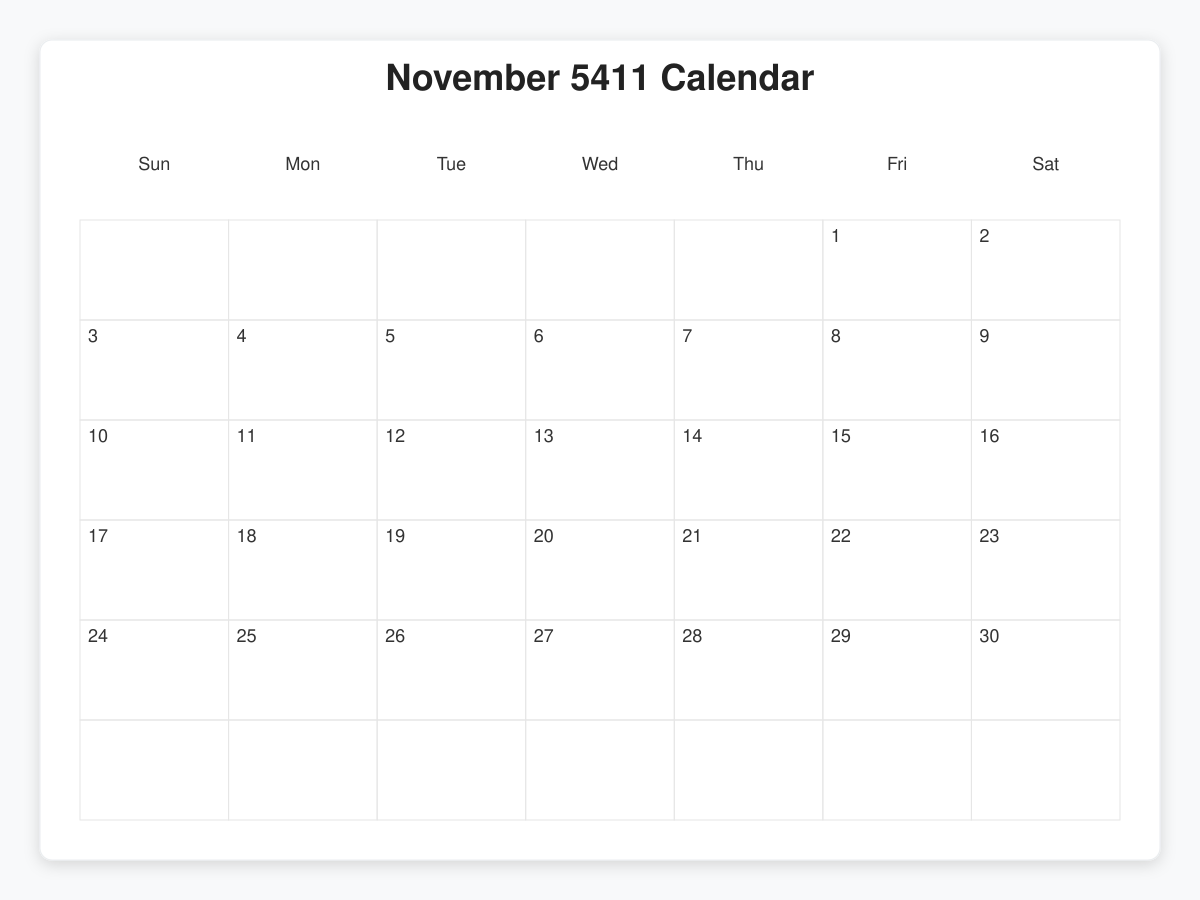 Printable November 5411 Calendars