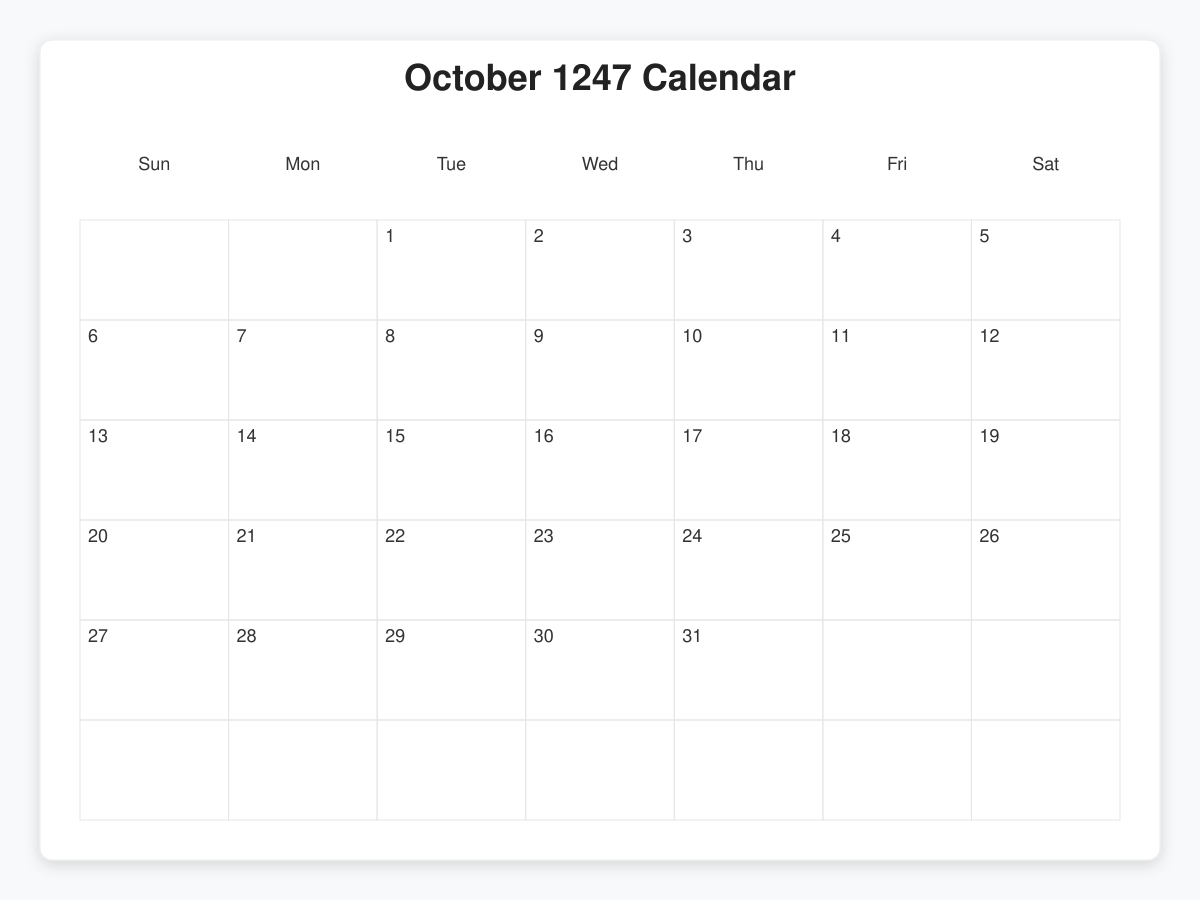 Printable October 1247 Calendars