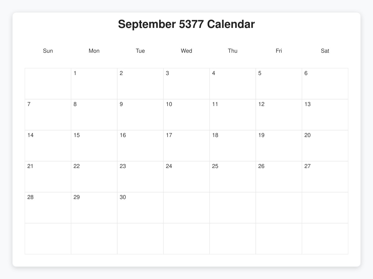 Printable September 5377 Calendars