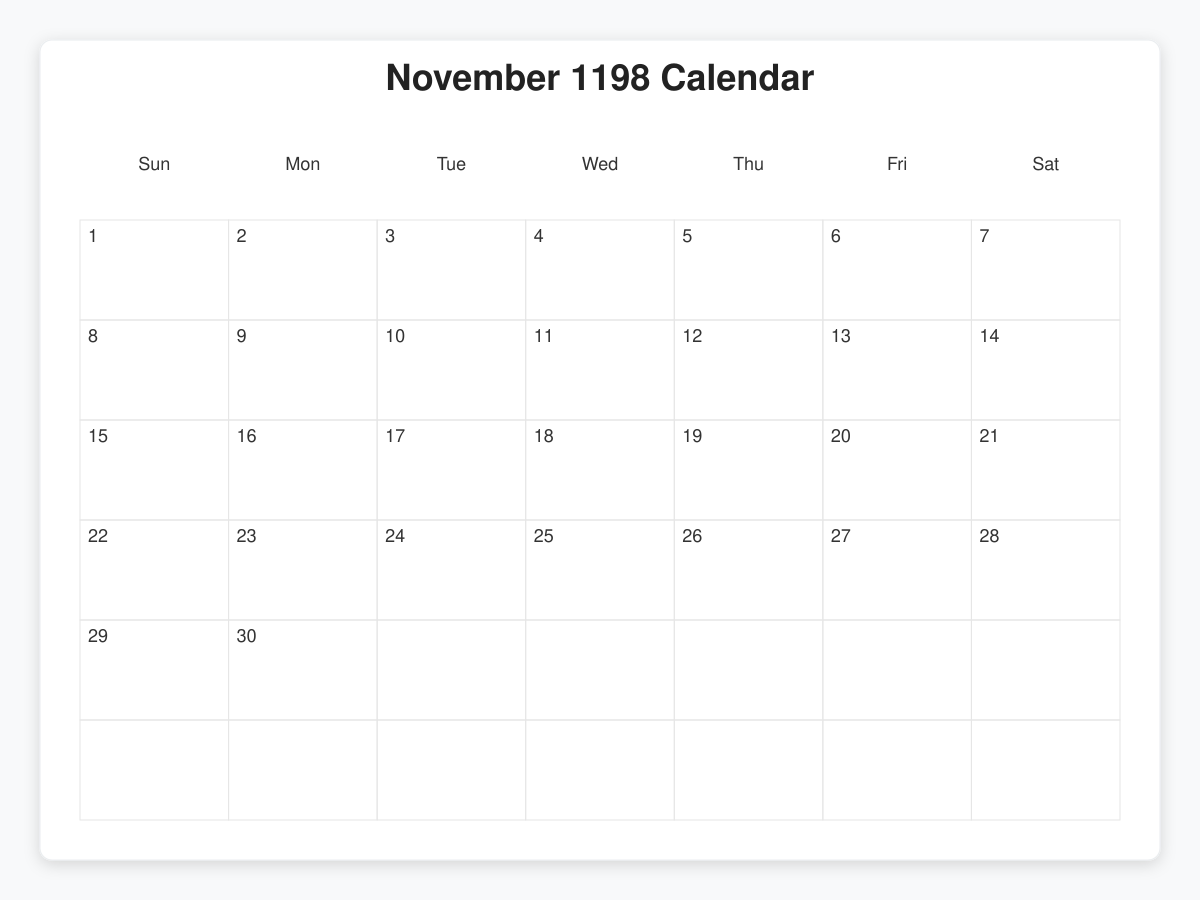 Printable November 1198 Calendars