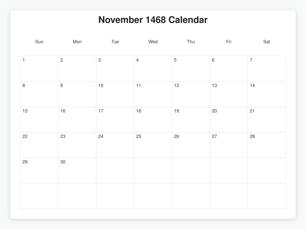 Printable November 1468 Calendars