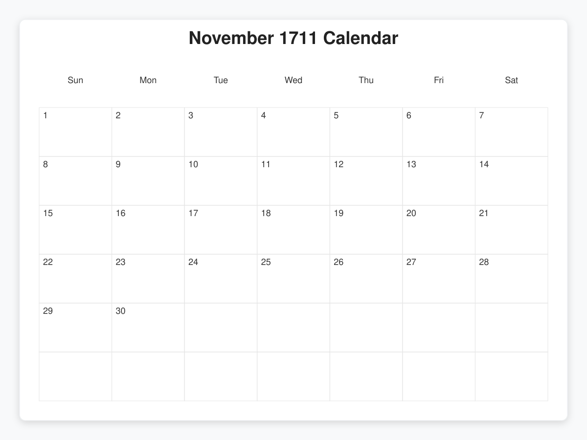 Printable November 1711 Calendars