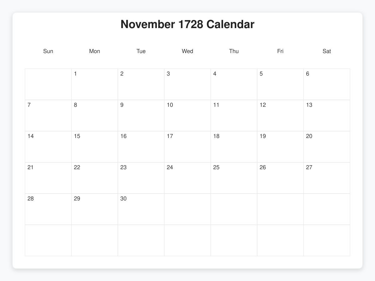 Printable November 1728 Calendars