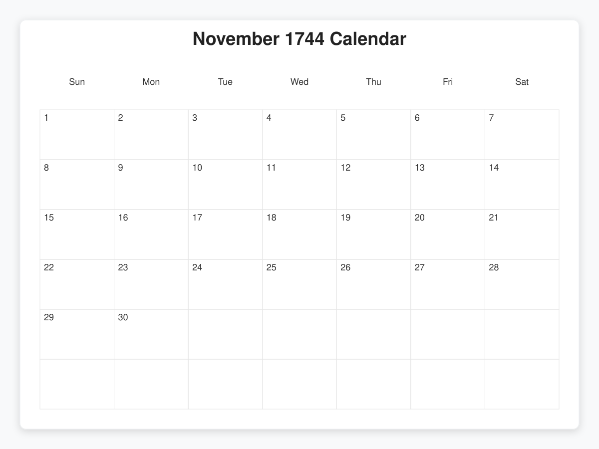 Printable November 1744 Calendars