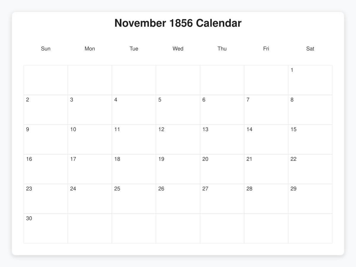 Printable November 1856 Calendars