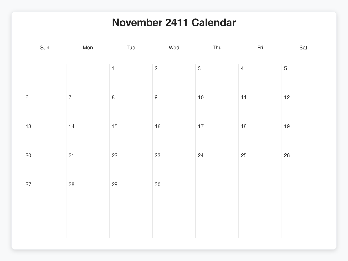 Printable November 2411 Calendars