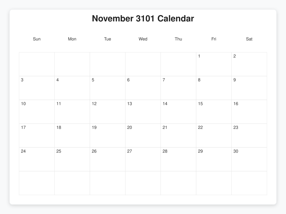 Printable November 3101 Calendars