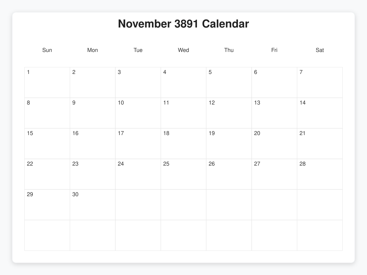 Printable November 3891 Calendars