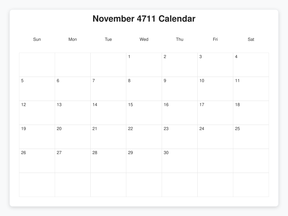 Printable November 4711 Calendars