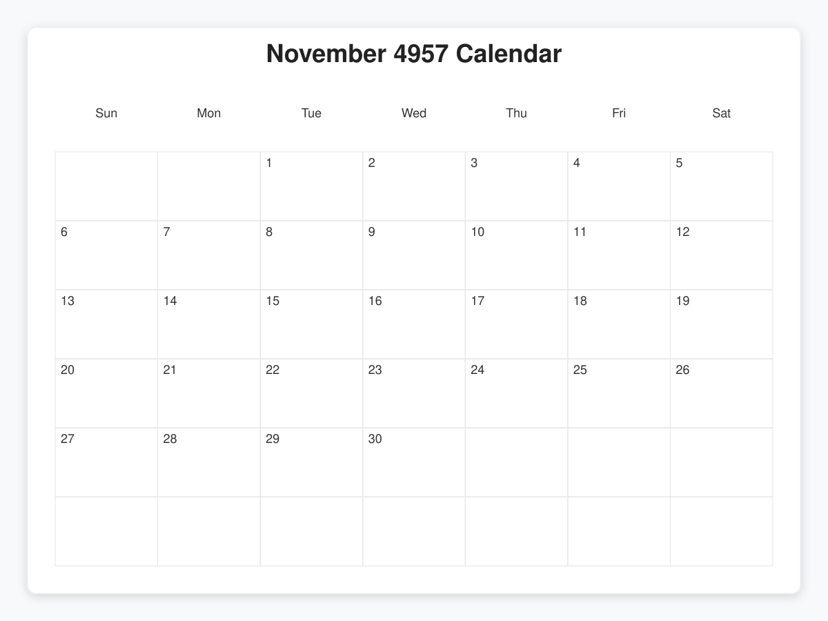 Printable November 4957 Calendars