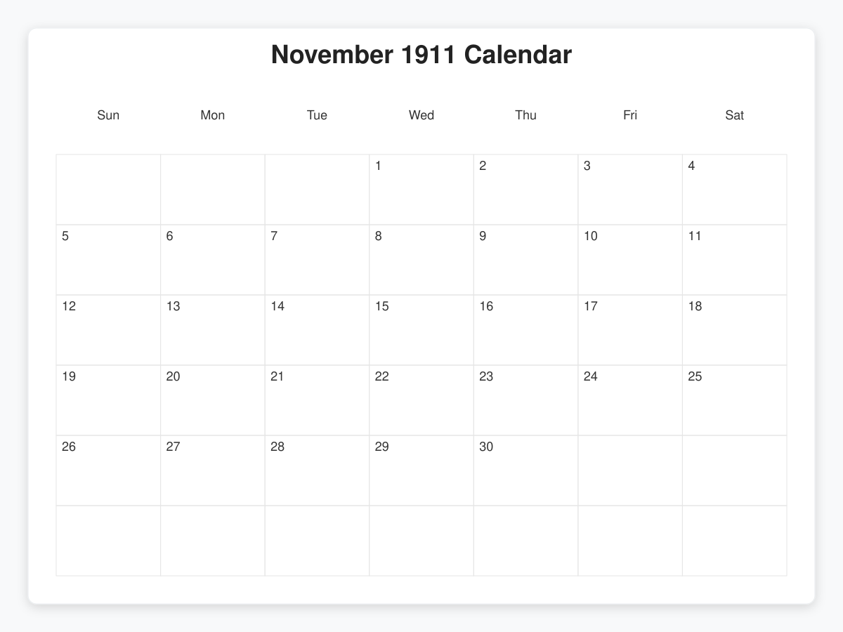 Printable November 1911 Calendars