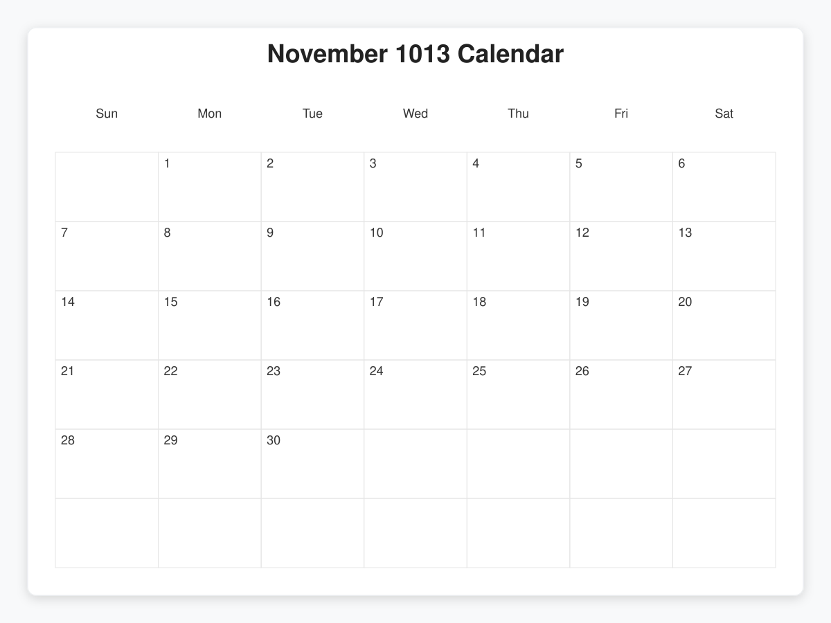 Printable November 1013 Calendars