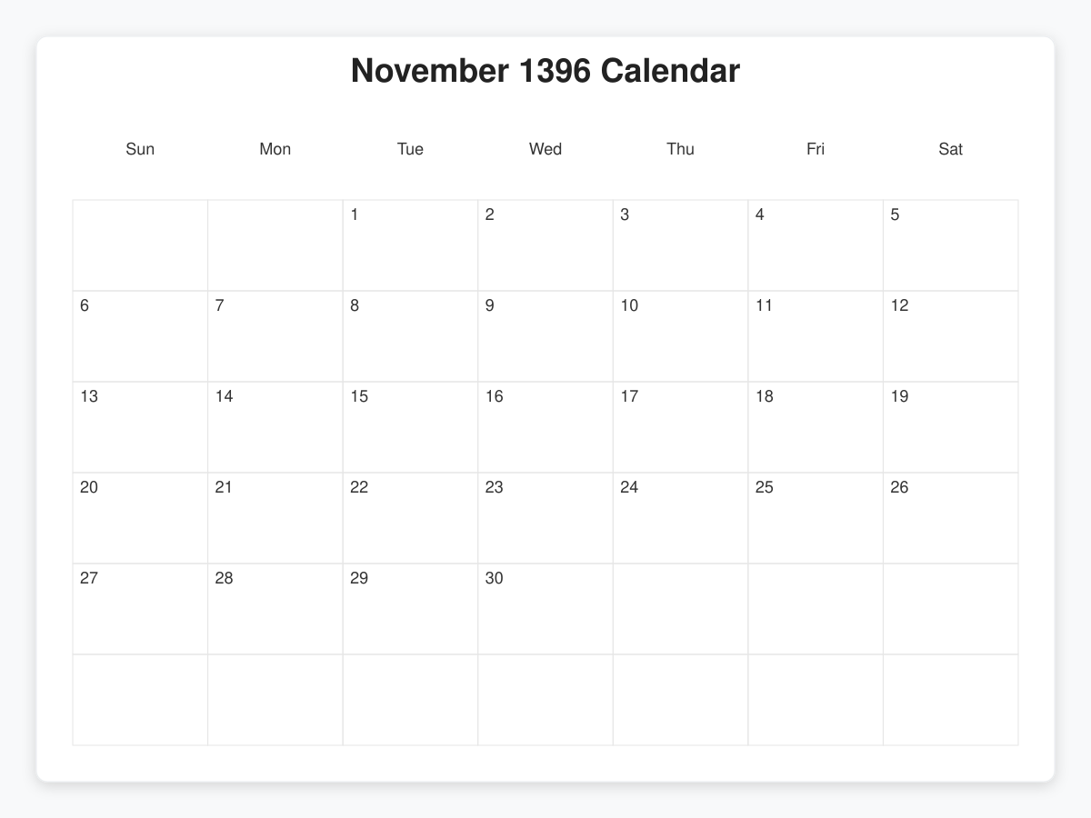 Printable November 1396 Calendars