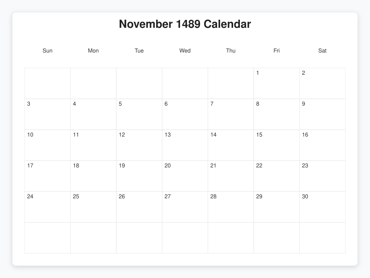 Printable November 1489 Calendars
