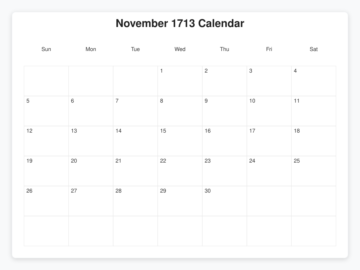 Printable November 1713 Calendars