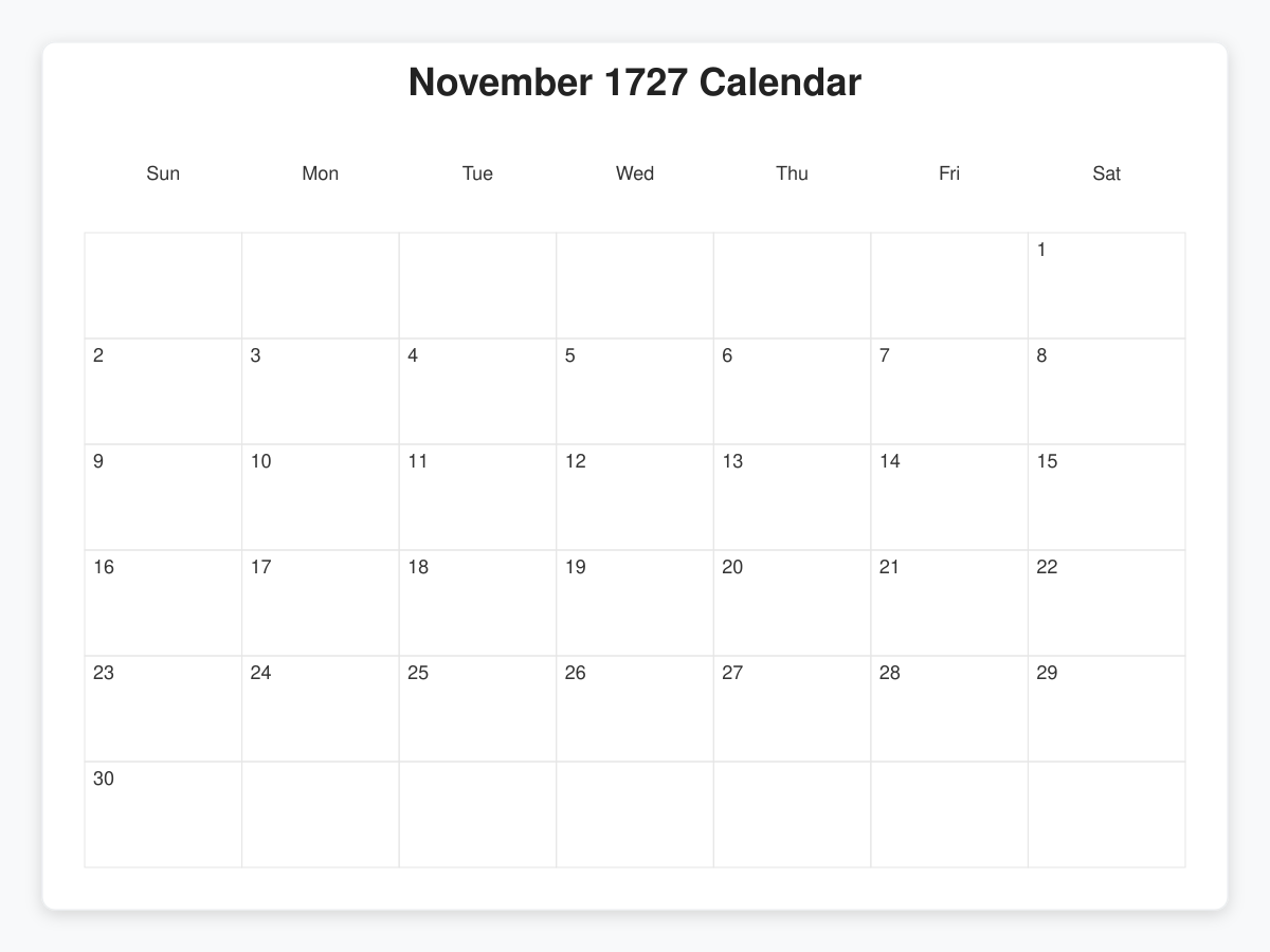 Printable November 1727 Calendars