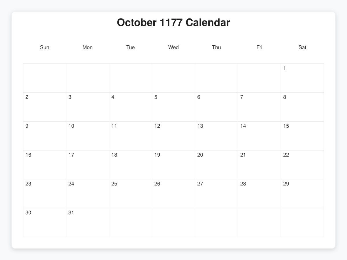 Printable October 1177 Calendars