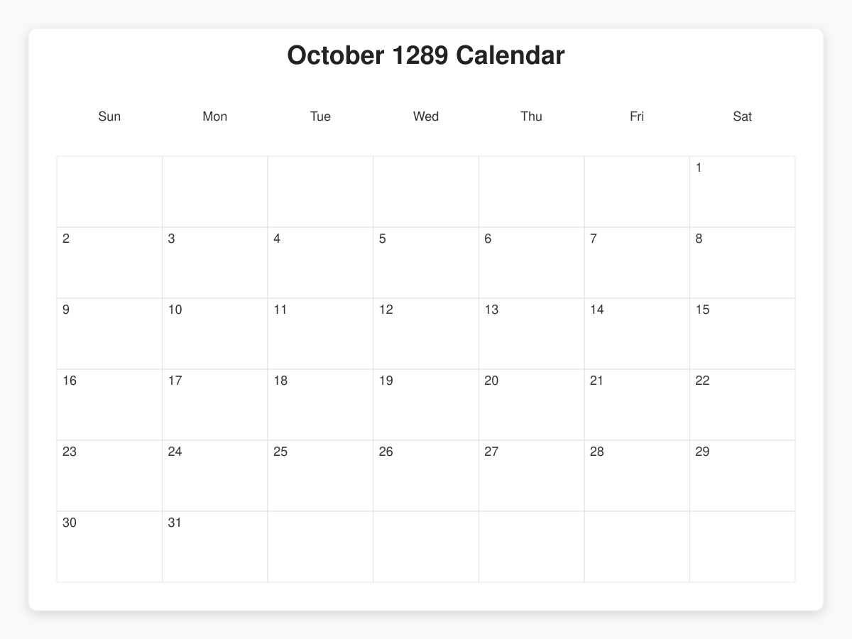 Printable October 1289 Calendars