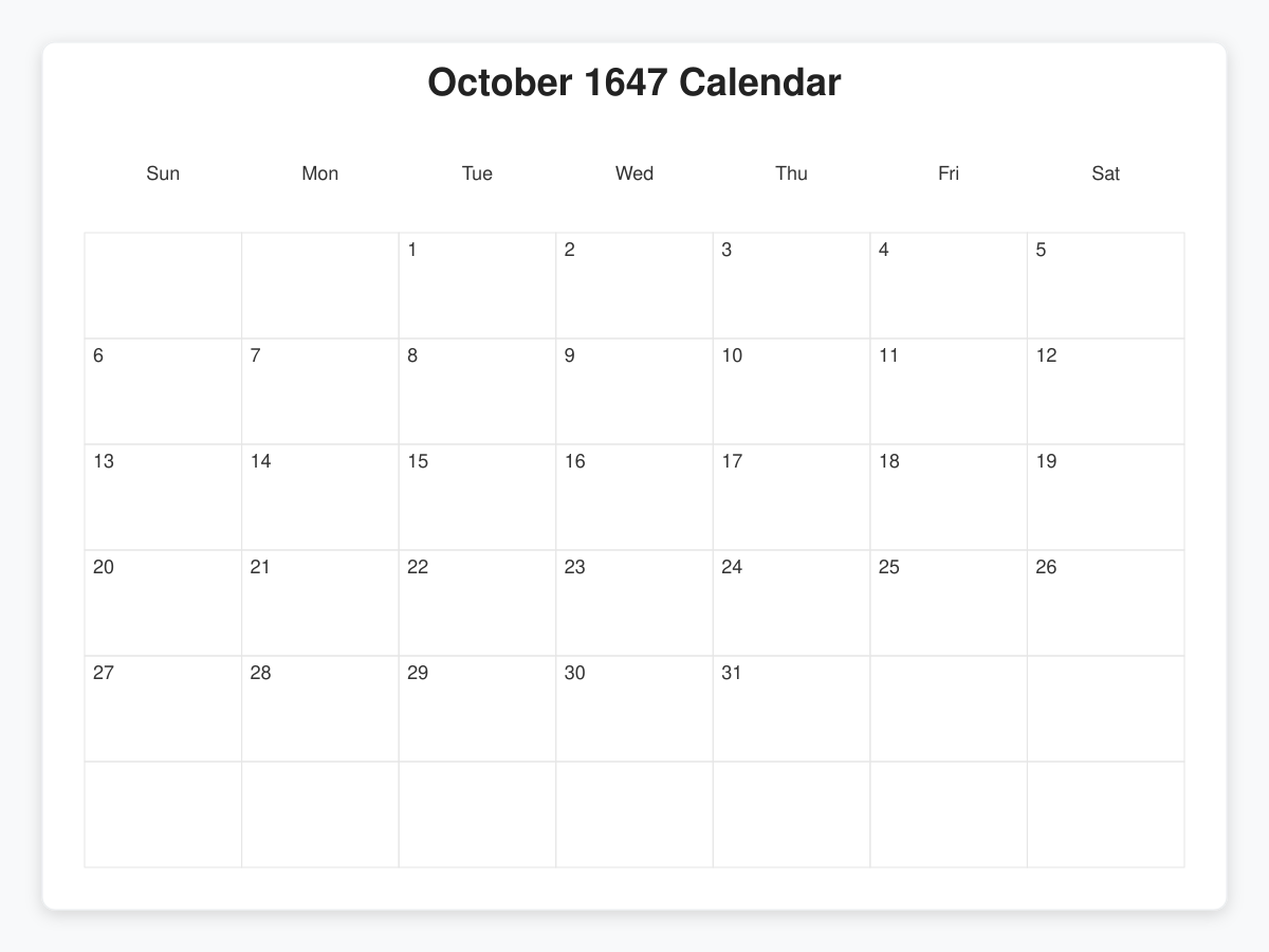 Printable October 1647 Calendars