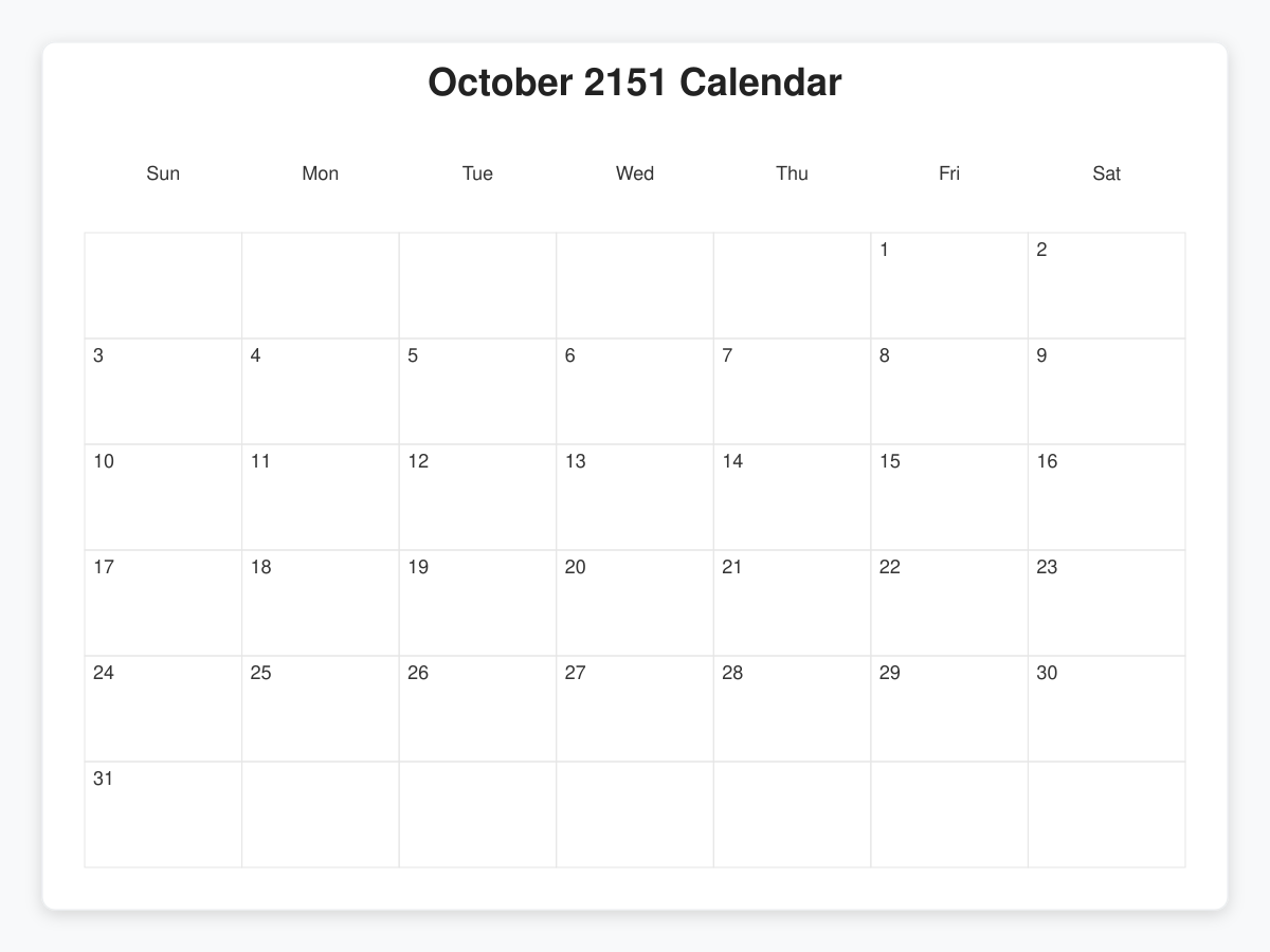 Printable October 2151 Calendars