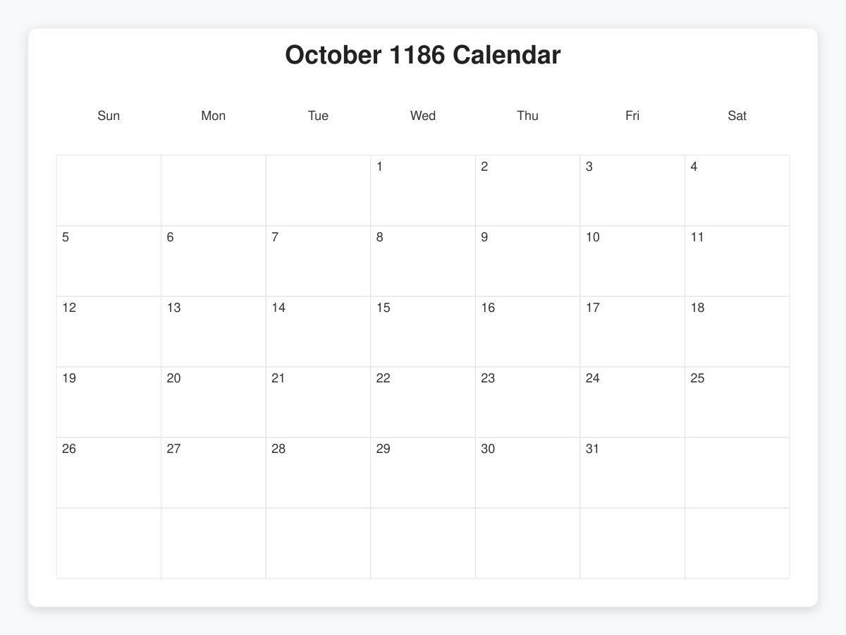Printable October 1186 Calendars