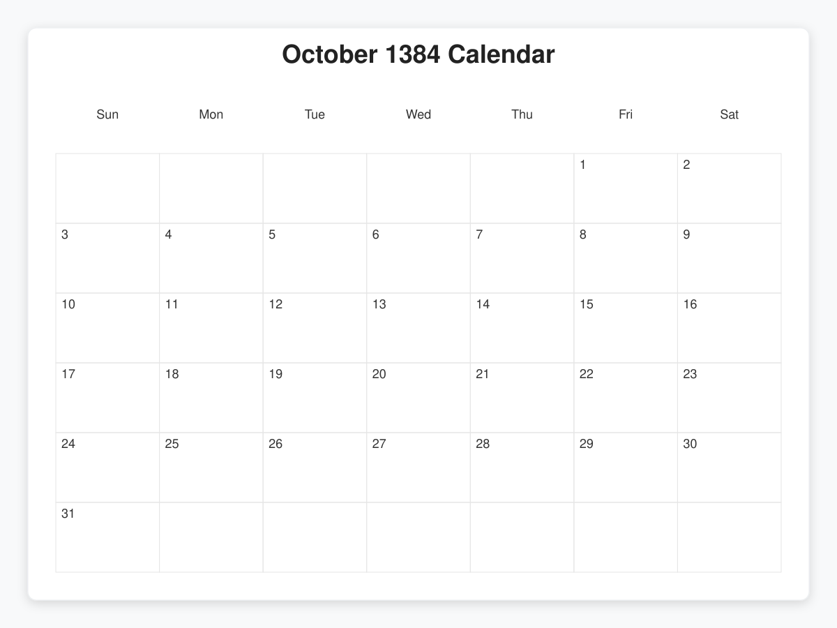 Printable October 1384 Calendars