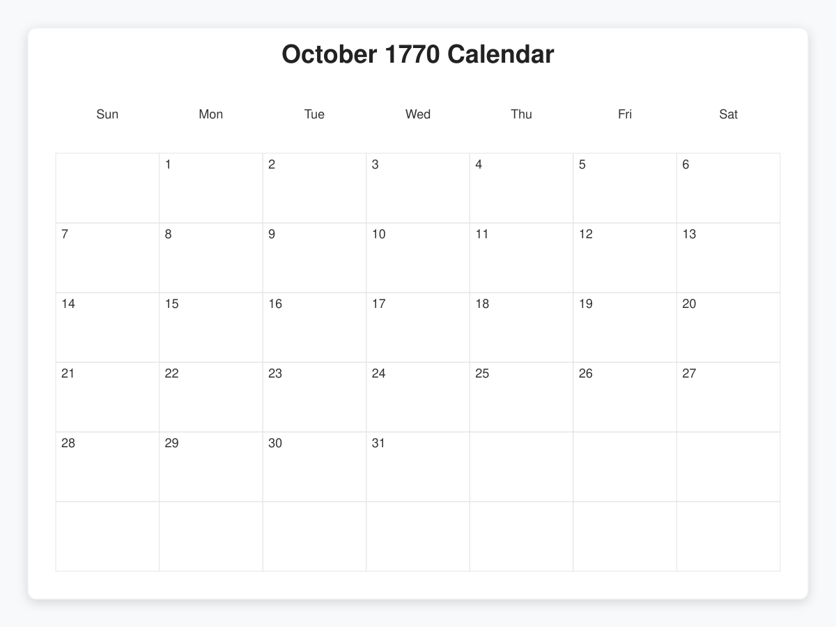 Printable October 1770 Calendars