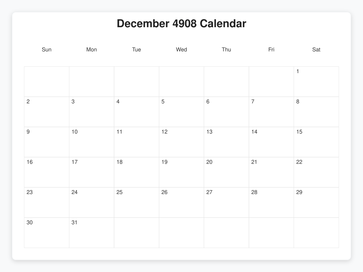 Printable December 4908 Calendars