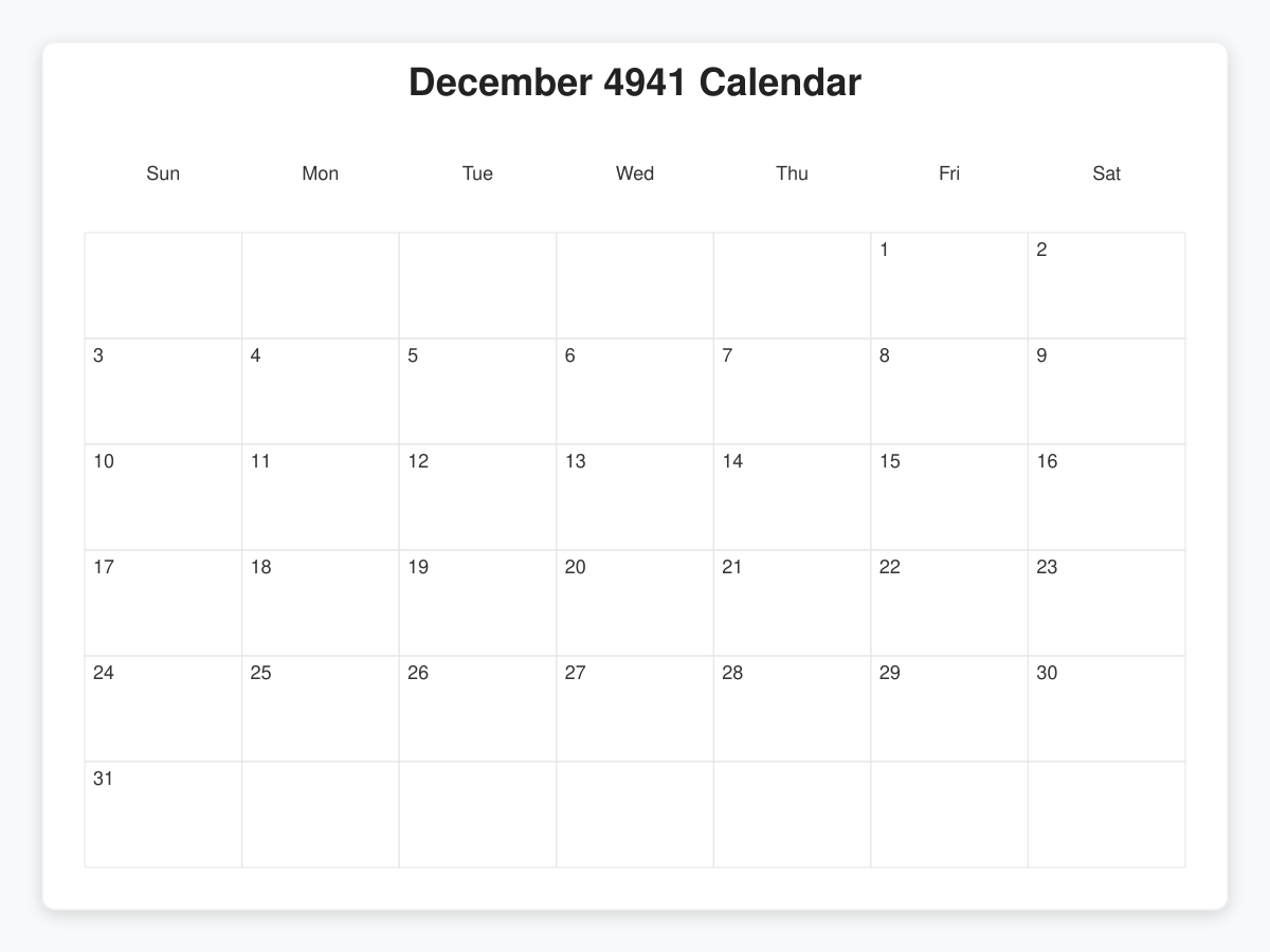 Printable December 4941 Calendars